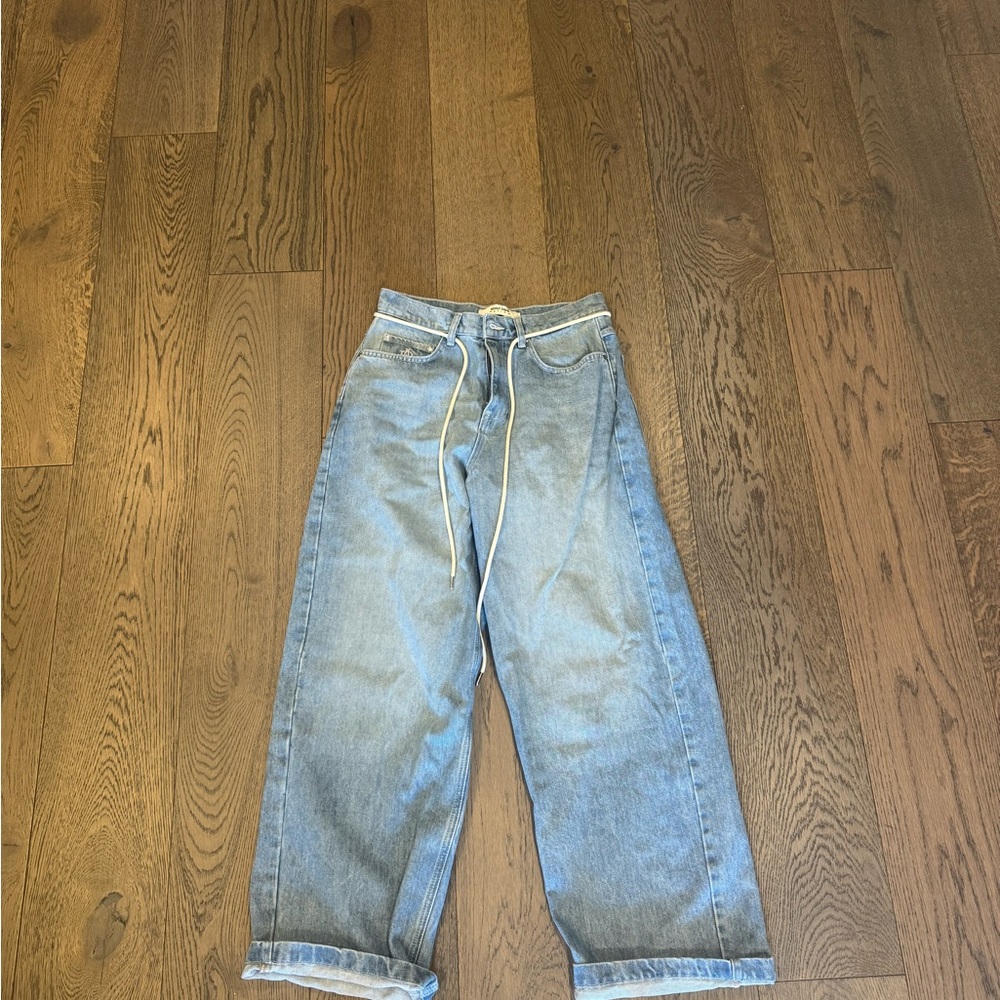 Blue Wide-Leg Jeans with Drawstring